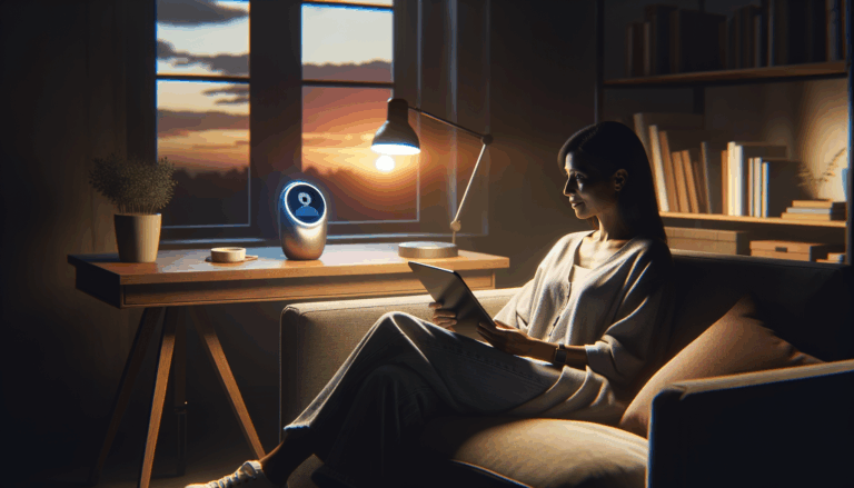 A person in a therapist's office at dusk engaging with a virtual assistant on a tablet, AI revolutionizing mental health