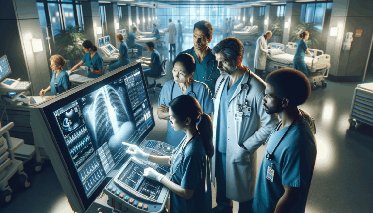 An ultra-realistic cinematic scene of doctors and nurse examining a screen, showcasing AI in healthcare.