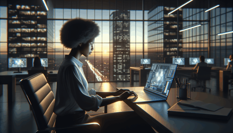 An ultra-realistic cinematic scene at dusk showing a person using a laptop in a modern office space with large windows overlooking a cityscape interacting with Claude AI agent in Chrome.