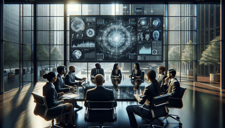 Ultra-realistic cinematic shot of diverse group of business professionals intensely discussing AI data analytics in a conference room