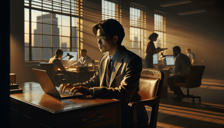 An ultra-realistic scene of a person sitting at a desk with intrigue and skepticism, illuminated by soft evening light from a nearby window, typing on a laptop - AI personas