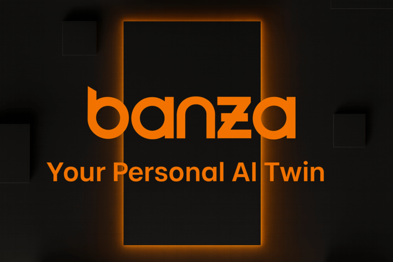 Banza official logo and tagline “Your Personal AI Twin” on a dark futuristic background with glowing orange elements, HD, 16:9.