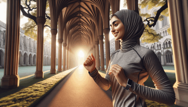 A woman jogging in a serene park at sunrise with her AI-powered health coach Fitbit visible on her wrist, captured from a side angle, showcasing morning light filtering through trees.