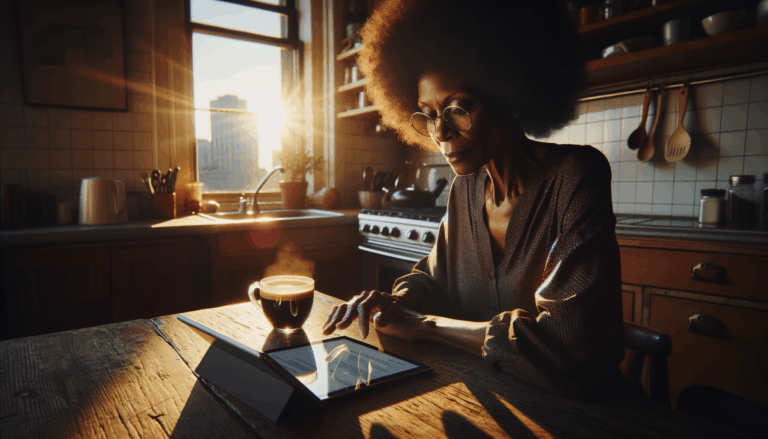 Woman sitting at kitchen table in early morning light, engaging with smart device while sipping coffee, highlighting global impact of AI.