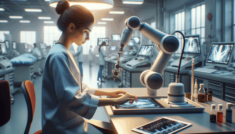 A young engineer working on an advanced AI robotic arm in a well-lit lab during the day, showcasing AI innovations