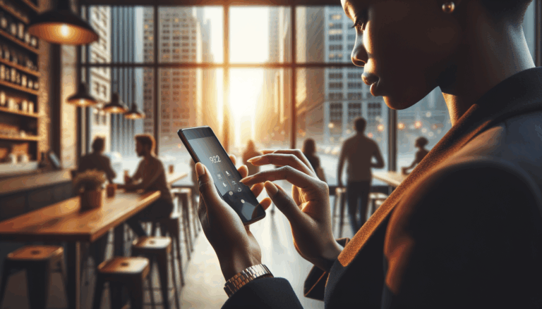 A young professional using an AI companion app in a busy city cafe