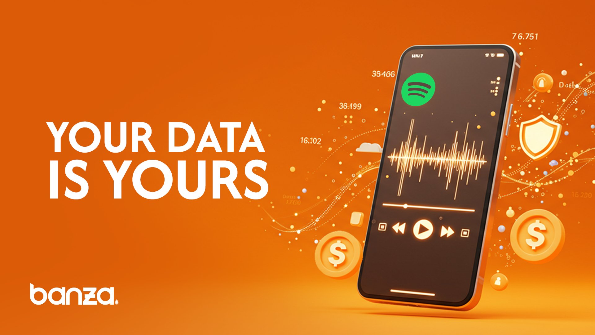 Illustration of Banza App showing a smartphone with Spotify integration, highlighting own your data and AI twin technology