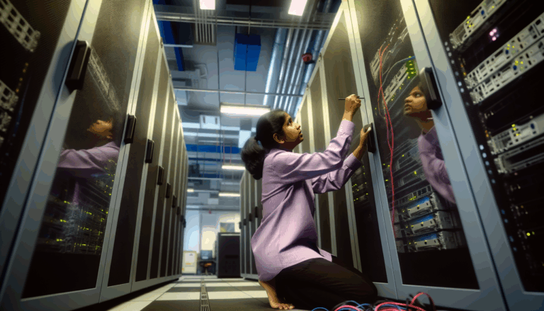 Technician adjusting server racks in a bustling AI data center