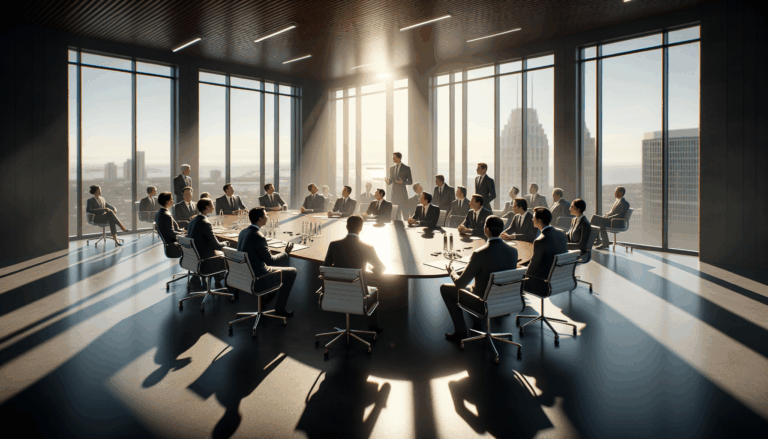 Diverse Tesla shareholders engaging in boardroom discussion about xAI investments
