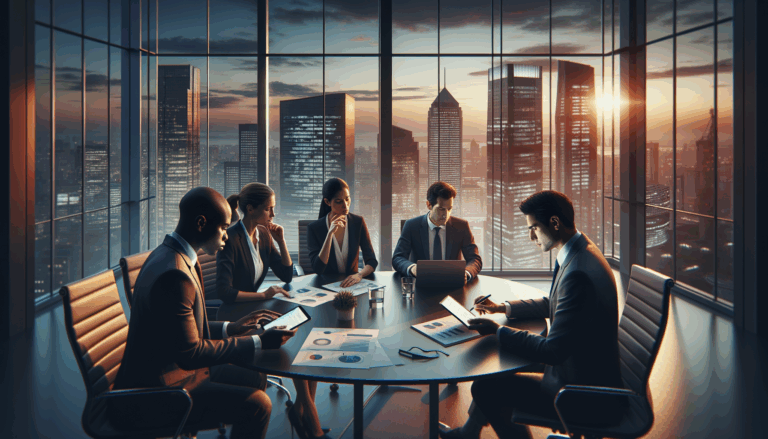 Diverse executives at a business meeting in a modern high-rise office discussing AI enterprise edge technology strategies.