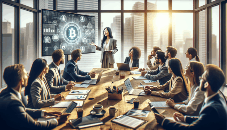 Professional business meeting room midday blockchain technology discussion