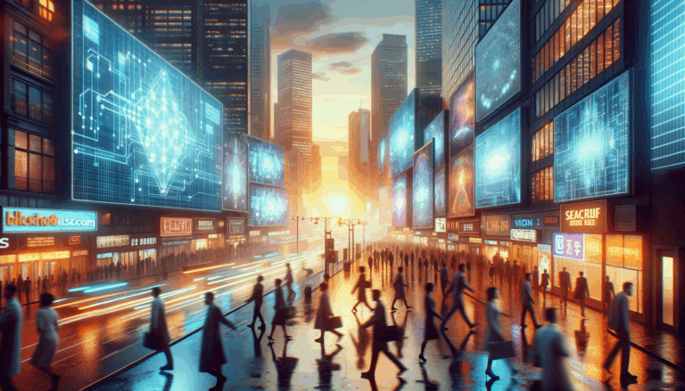 Vibrant city street at dusk with people passing digital billboards showcasing blockchain networks, focusing on Web3 trends.