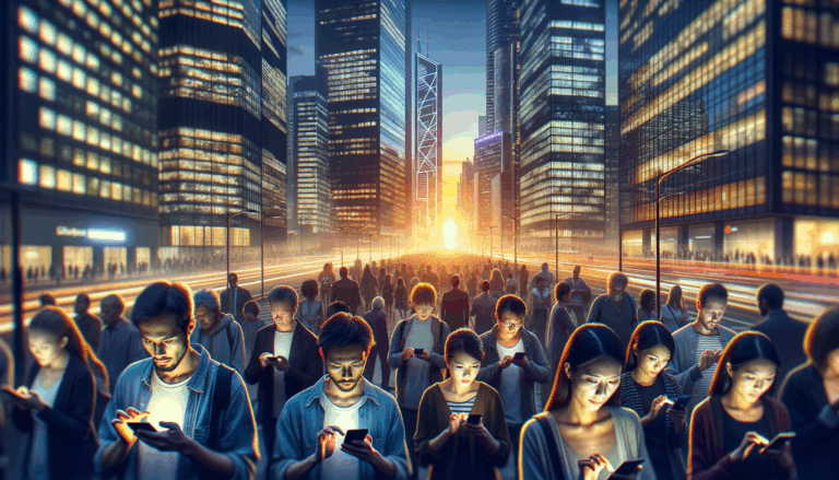 Dynamic human connectivity in a bustling cityscape at dusk with diverse people using mobile devices