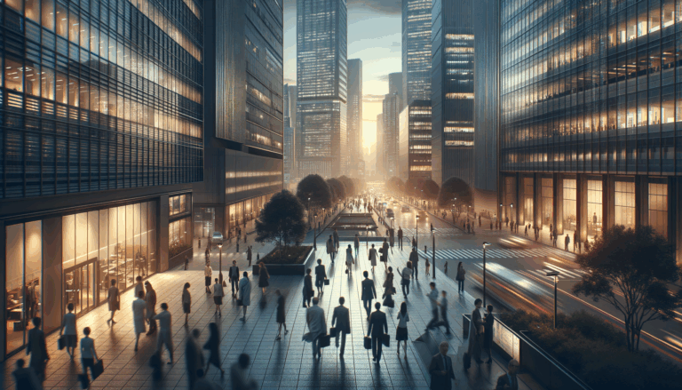 A diverse group of people interacting with virtual assistants in a bustling cityscape at dusk, showcasing Web3 trends.