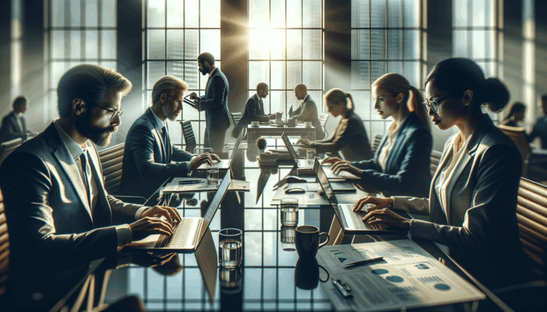 Diverse team members collaborating at a bustling corporate office, showcasing AI agent training and innovation.