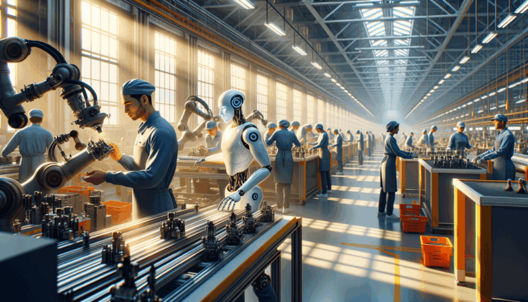 A dynamic composition of workers collaborating with AI-powered robotics on a busy factory floor assembling car parts.
