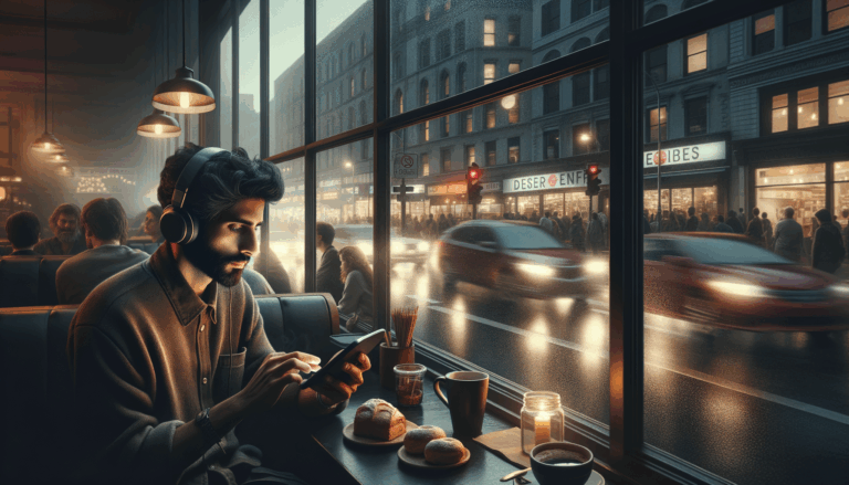 A person wearing headphones listens intently to an audiobook at a busy urban café at dusk
