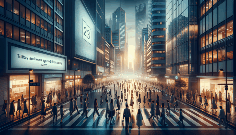 A dynamic urban scene with UK age-check law prompts on digital billboards