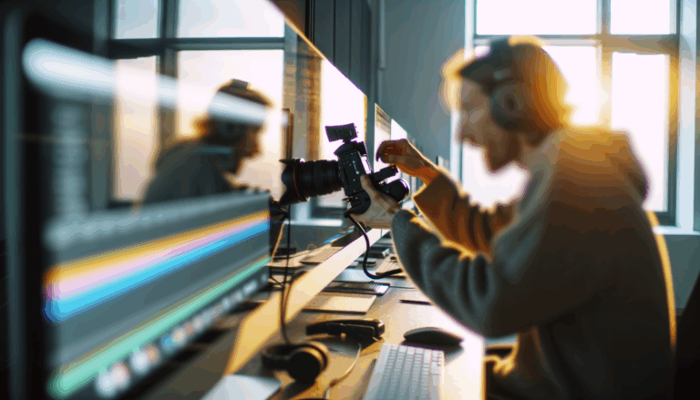 Professional editing bay setup with hands on camera rig at golden hour