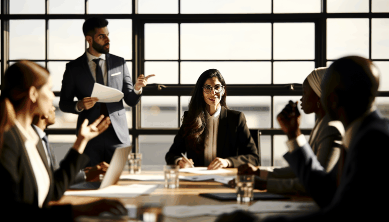 Corporate conference room with diverse professionals discussing, Meta super PAC AI regulation in focus