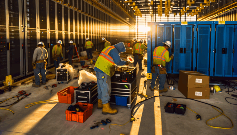 Bustling data center construction site at golden hour with OpenAI Stargate data centers
