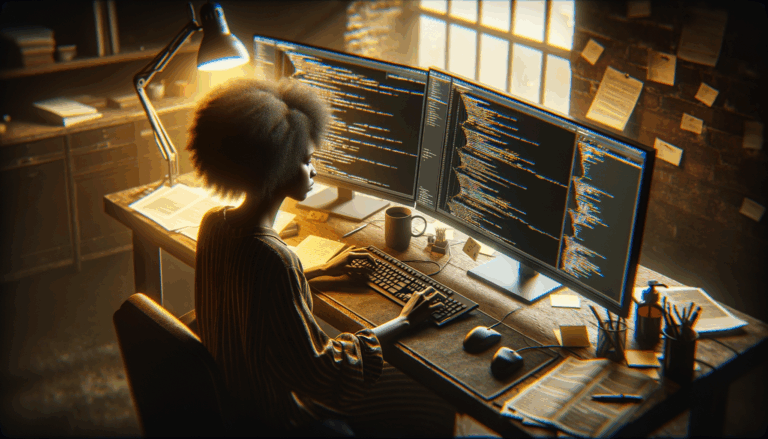 A coder analyzing complex code on a dual monitor setup in a developer's workspace during late afternoon with the AI coding tool