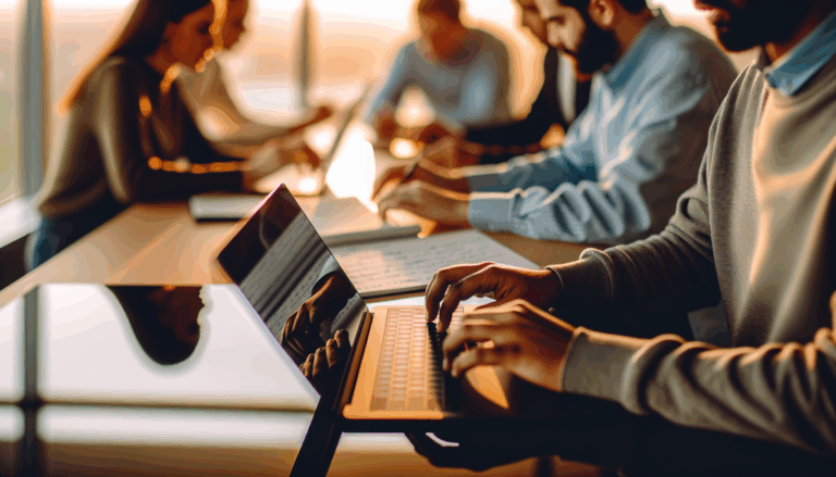 Diverse group collaborating over laptops in modern office, focusing on Web3 impact