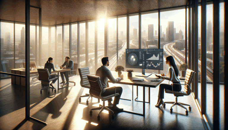 A diverse group of professionals discussing while viewing AI-driven analytics on a large computer screen in a modern office setting.