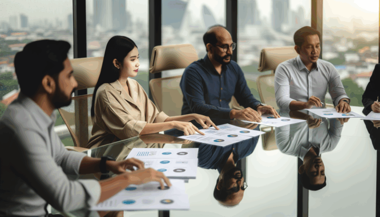 Diverse team reviewing AI compliance documents at conference table in California
