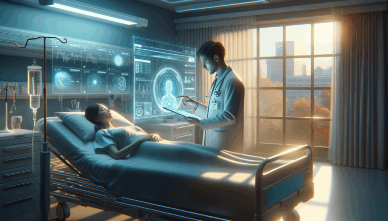 Doctor in modern hospital room using AI device for AI innovations in healthcare.