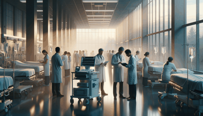Doctors and nurses in AI-driven transformation at a busy hospital ward under soft natural lighting