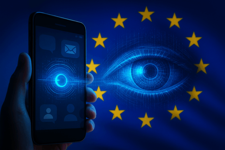 Smartphone under EU digital surveillance symbolizing Chat Control 2025 and the risk to privacy in Europe.
