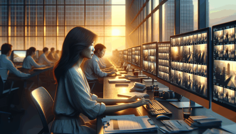 A filmmaker analyzing live footage in an editing suite during sunset, focusing on AI video research.