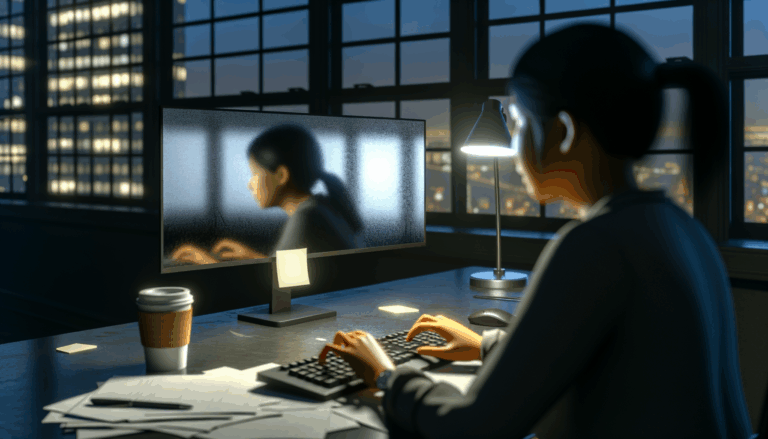 Person typing with hands on keyboard in dimly lit office, focusing on AI ethics