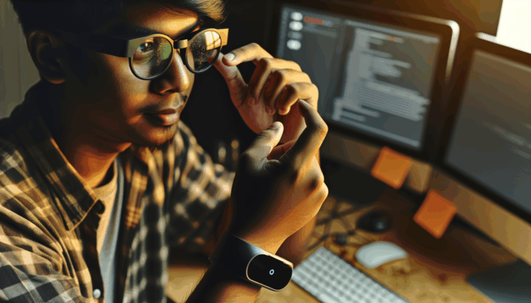 Person wearing Meta smart glasses interacting with a wristband controller