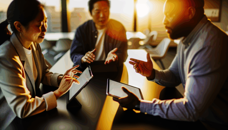 Diverse team collaborating on tablets and laptops in a modern conference room during golden hour for digital transformation