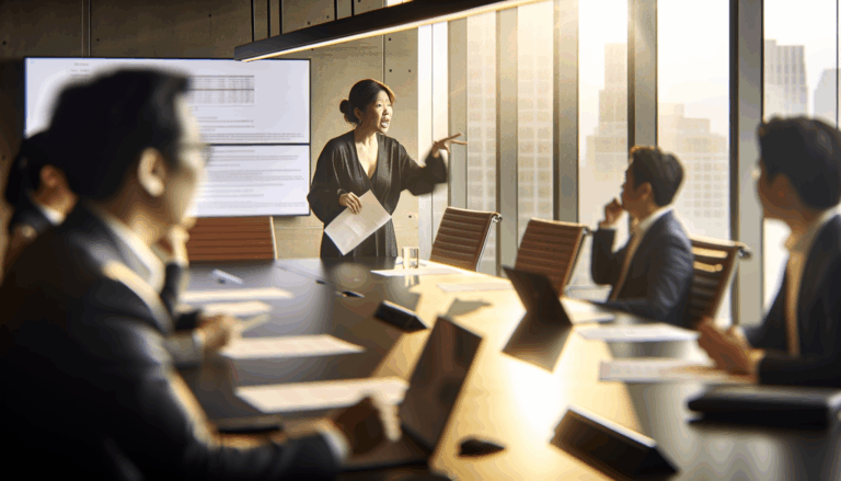 Wide shot of executives from South Korean tech firms discussing AI strategies in a modern conference room