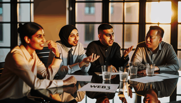 Diverse group of professionals in a modern conference room discussing Web3 trends during golden hour