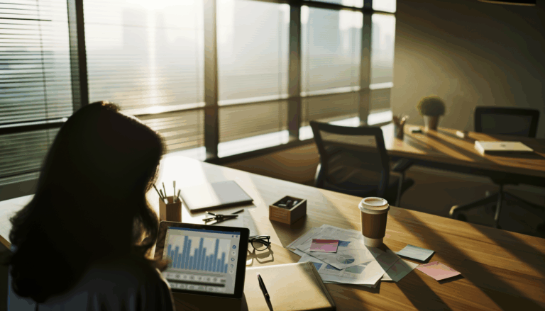 Early morning scene in a modern office with natural light, person interacting with tablet displaying data analytics related to OpenAI's ChatGPT Pulse