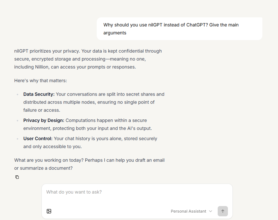 nilGPT vs ChatGPT: A comparison highlighting nilGPT's privacy and security features.