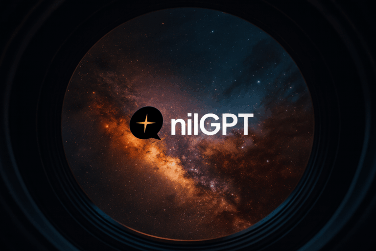 nilGPT privacy AI illustration showing the logo in a cosmic futuristic background