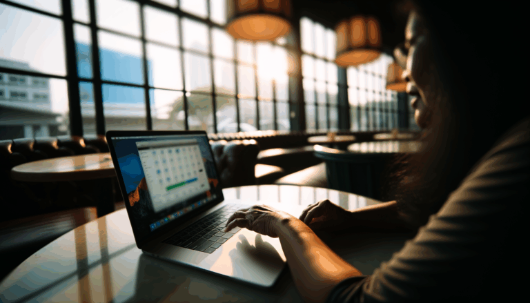 Person engaging with a laptop showing ChatGPT interface at cozy café table during golden hour