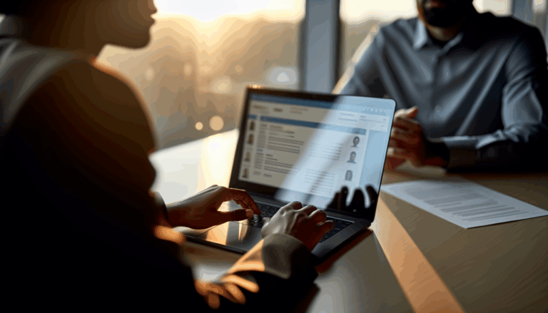 Diverse group of recruiters reviewing resumes on laptop screen during golden hour
