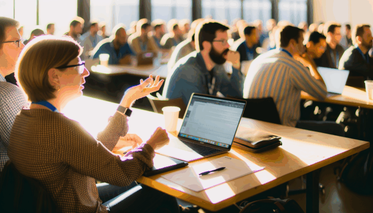 An engaging tech conference over-the-shoulder action shot featuring AI powerhouses