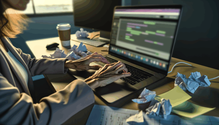 Over-the-shoulder action shot of hands typing on laptop with scattered papers on desk, showcasing fabric texture and reflections, GPT-5 rivals humans.