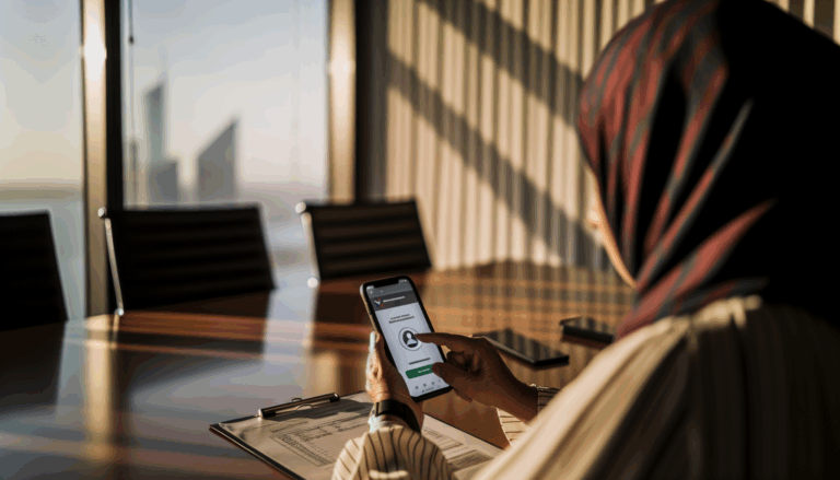 Person interacting with smartphone displaying an on-device identity security app interface