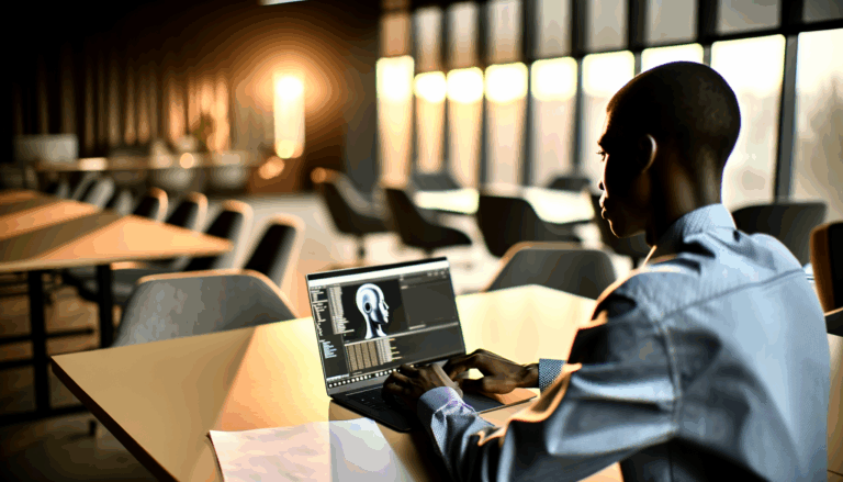 Tech professional integrating AI software in over-the-shoulder action