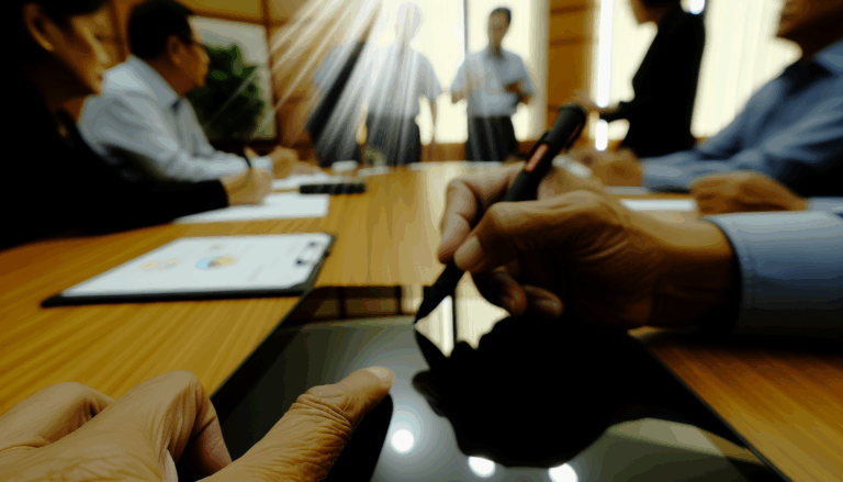 Over-the-shoulder action with hands/objects in focus at conference room, showcasing AI breakthroughs