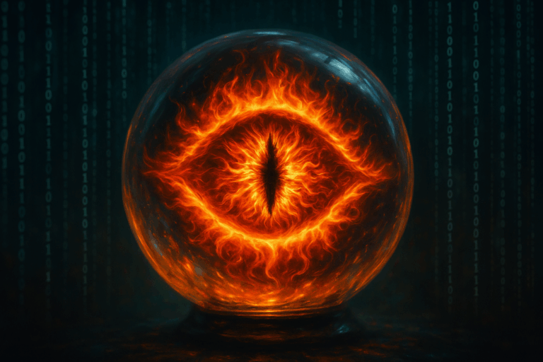 Palantir crystal orb with the Eye of Sauron burning inside and surrounded by digital code and AI algorithms