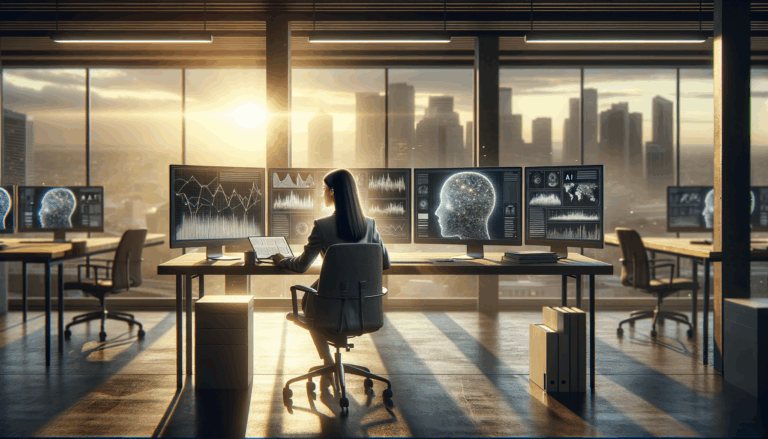 Person seated at modern desk viewing complex AI data graphs